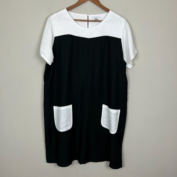 TooFan Dress Womens XL 100% Linen Black White Mod Shift Short Sleeve Pockets New - Picture 1 of 15